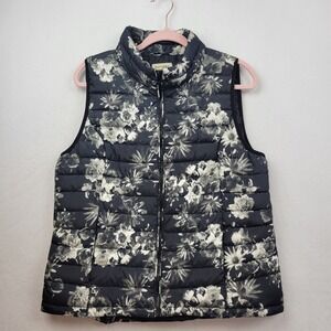 Ruff Hewn Floral Puffer Vest Womens Large Black White Quilted Zip Up Hiking
